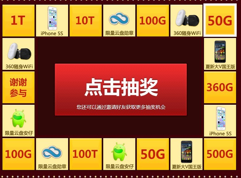 360云盘大抽奖,最少也送50g,还有机会赢得iphone5s,360特供机